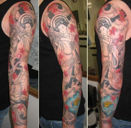 Man Full Sleeve Got Inked Of Geisha